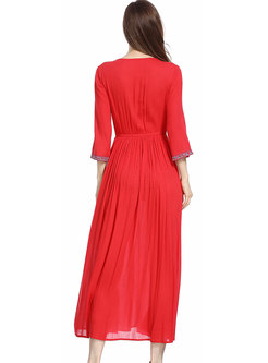 Red V-neck Flare Sleeve Embroidery Maxi Dress